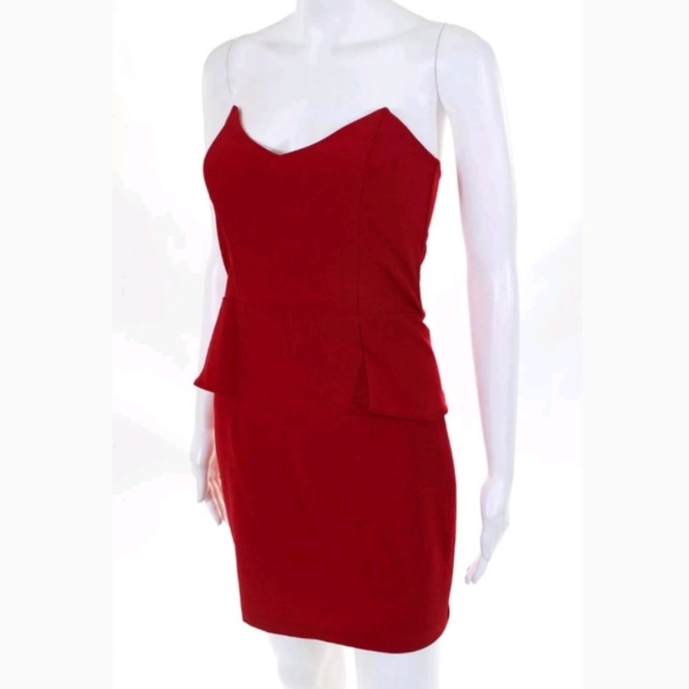 MASON STRAPLESS V NECK MINI PEPLUM DRESS RED 0 ZIP - Picture 1 of 7